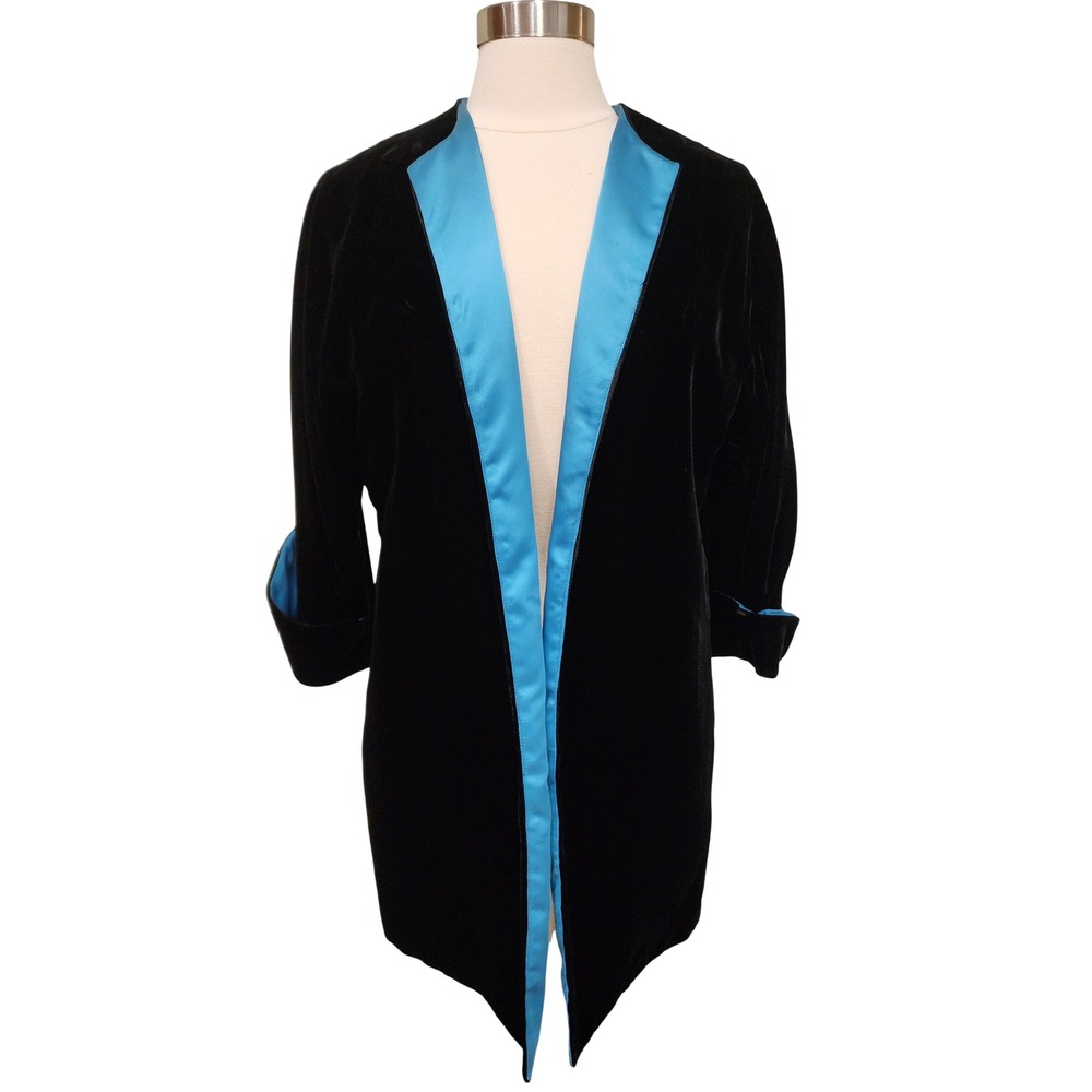 Vintage 90s Velvet & Satin Custom Made Jacket Black & Teal Women's size Medium